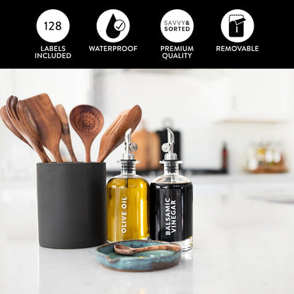 Black Oil Bottle Labels, 54 Preprinted Pantry Stickers for Oils and Vinegar Dispenser Glass Bottles, Condiment Jars, Waterproof Removable, Kitchen Organization