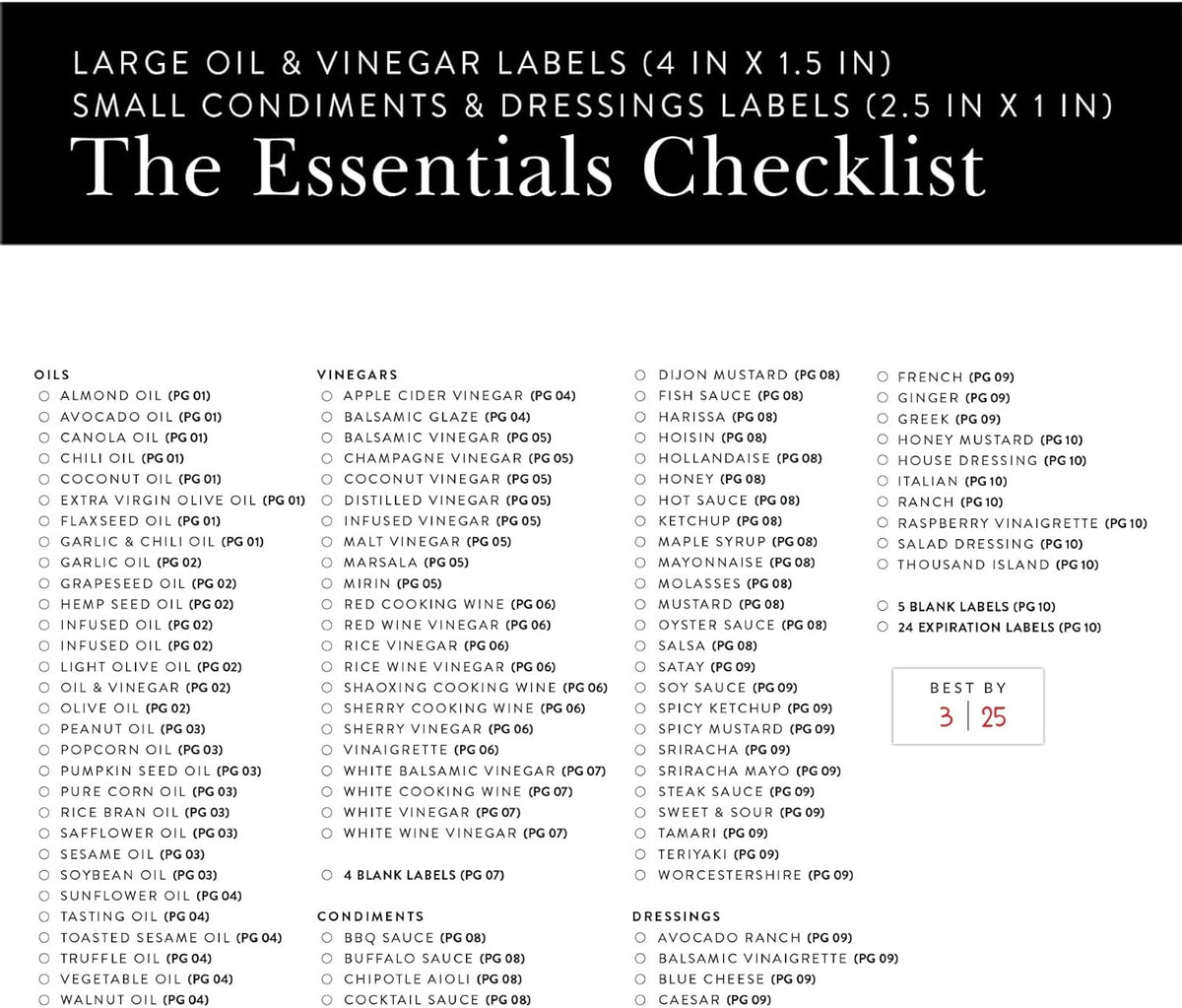 Black Oil Bottle Labels, 54 Preprinted Pantry Stickers for Oils and Vinegar Dispenser Glass Bottles, Condiment Jars, Waterproof Removable, Kitchen Organization