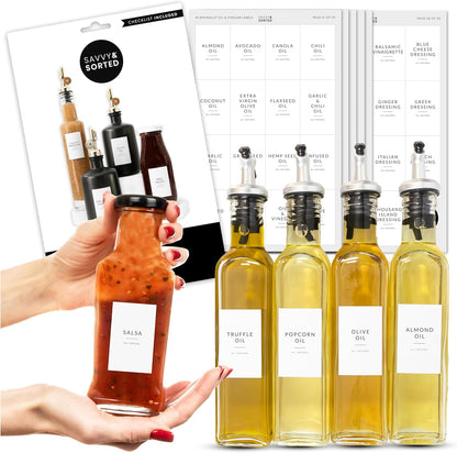 Black Oil Bottle Labels, 54 Preprinted Pantry Stickers for Oils and Vinegar Dispenser Glass Bottles, Condiment Jars, Waterproof Removable, Kitchen Organization