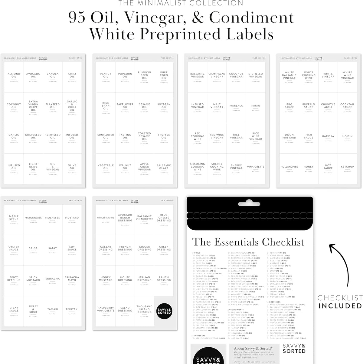 Black Oil Bottle Labels, 54 Preprinted Pantry Stickers for Oils and Vinegar Dispenser Glass Bottles, Condiment Jars, Waterproof Removable, Kitchen Organization