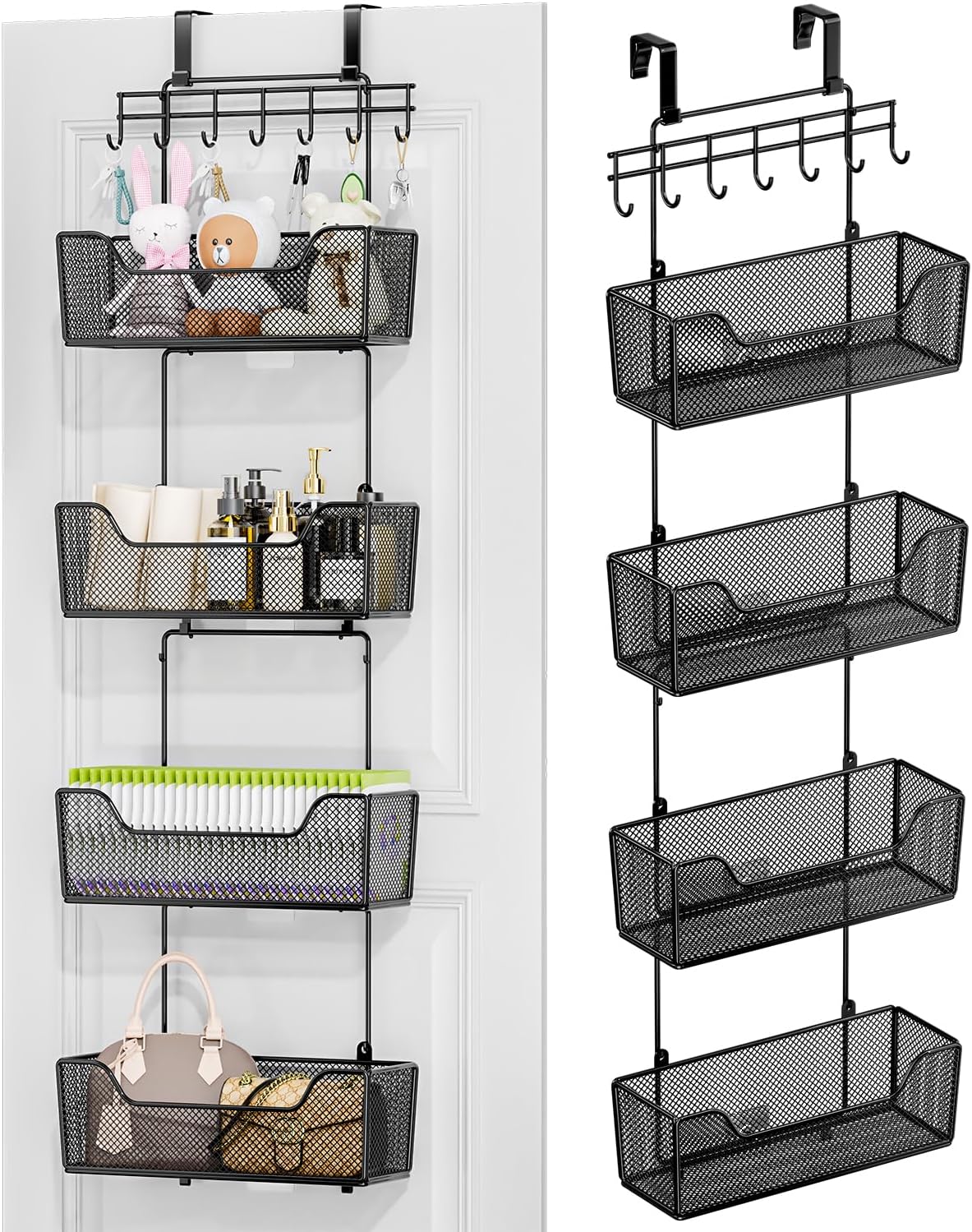 Over The Door Organizer - Hanging Door Organizer with 4 Metal Large Capacity Baskets and Adjustable Coat Hook for Bathroom Bedroom Kitchen Pantry Closet Cabinet