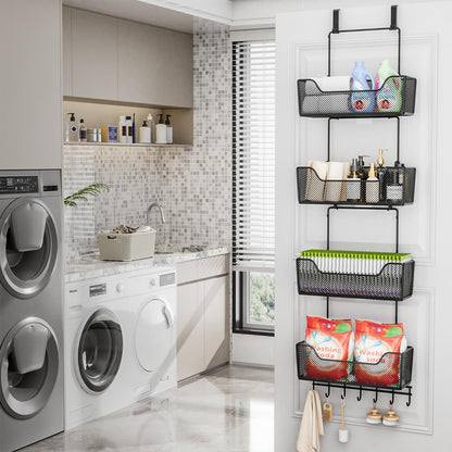 Over The Door Organizer - Hanging Door Organizer with 4 Metal Large Capacity Baskets and Adjustable Coat Hook for Bathroom Bedroom Kitchen Pantry Closet Cabinet