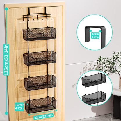 Over The Door Organizer - Hanging Door Organizer with 4 Metal Large Capacity Baskets and Adjustable Coat Hook for Bathroom Bedroom Kitchen Pantry Closet Cabinet