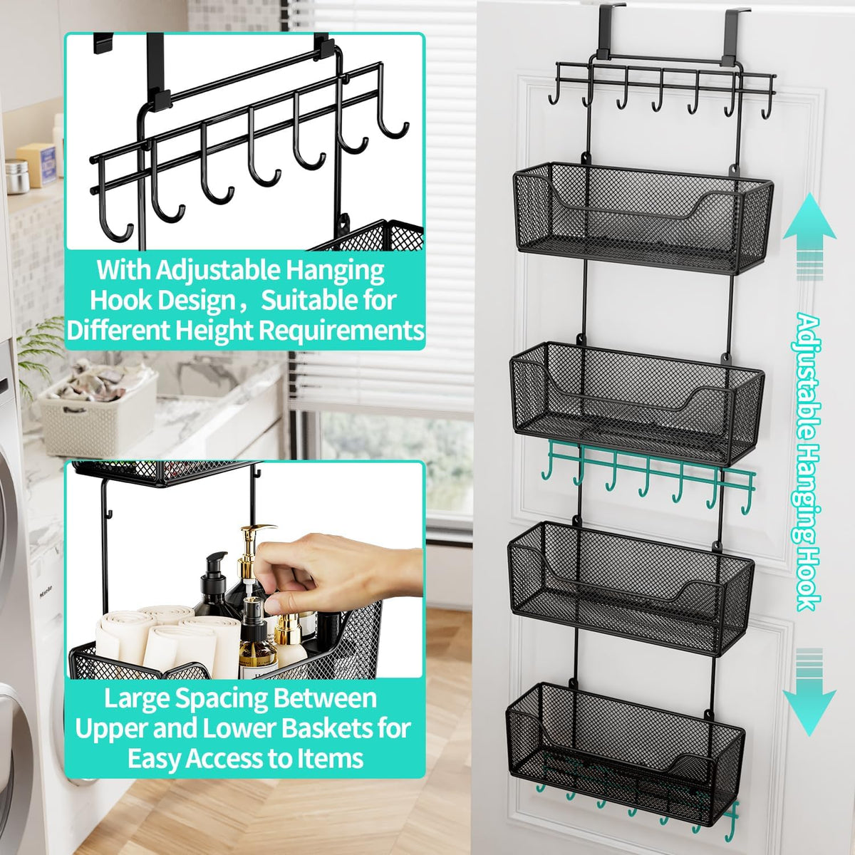 Over The Door Organizer - Hanging Door Organizer with 4 Metal Large Capacity Baskets and Adjustable Coat Hook for Bathroom Bedroom Kitchen Pantry Closet Cabinet