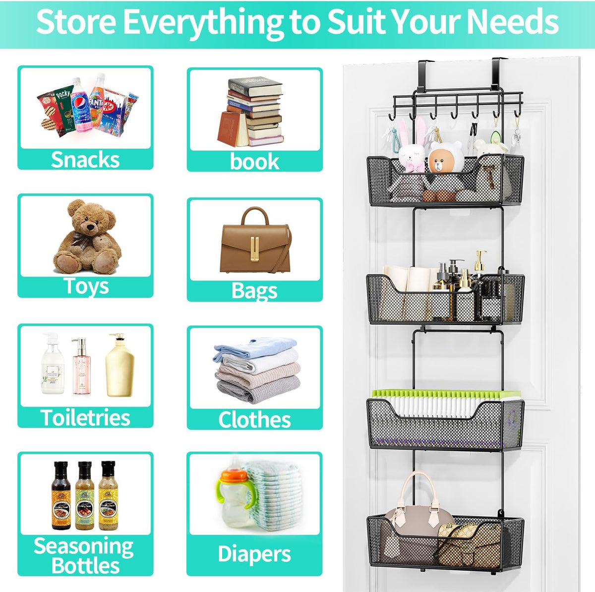 Over The Door Organizer - Hanging Door Organizer with 4 Metal Large Capacity Baskets and Adjustable Coat Hook for Bathroom Bedroom Kitchen Pantry Closet Cabinet