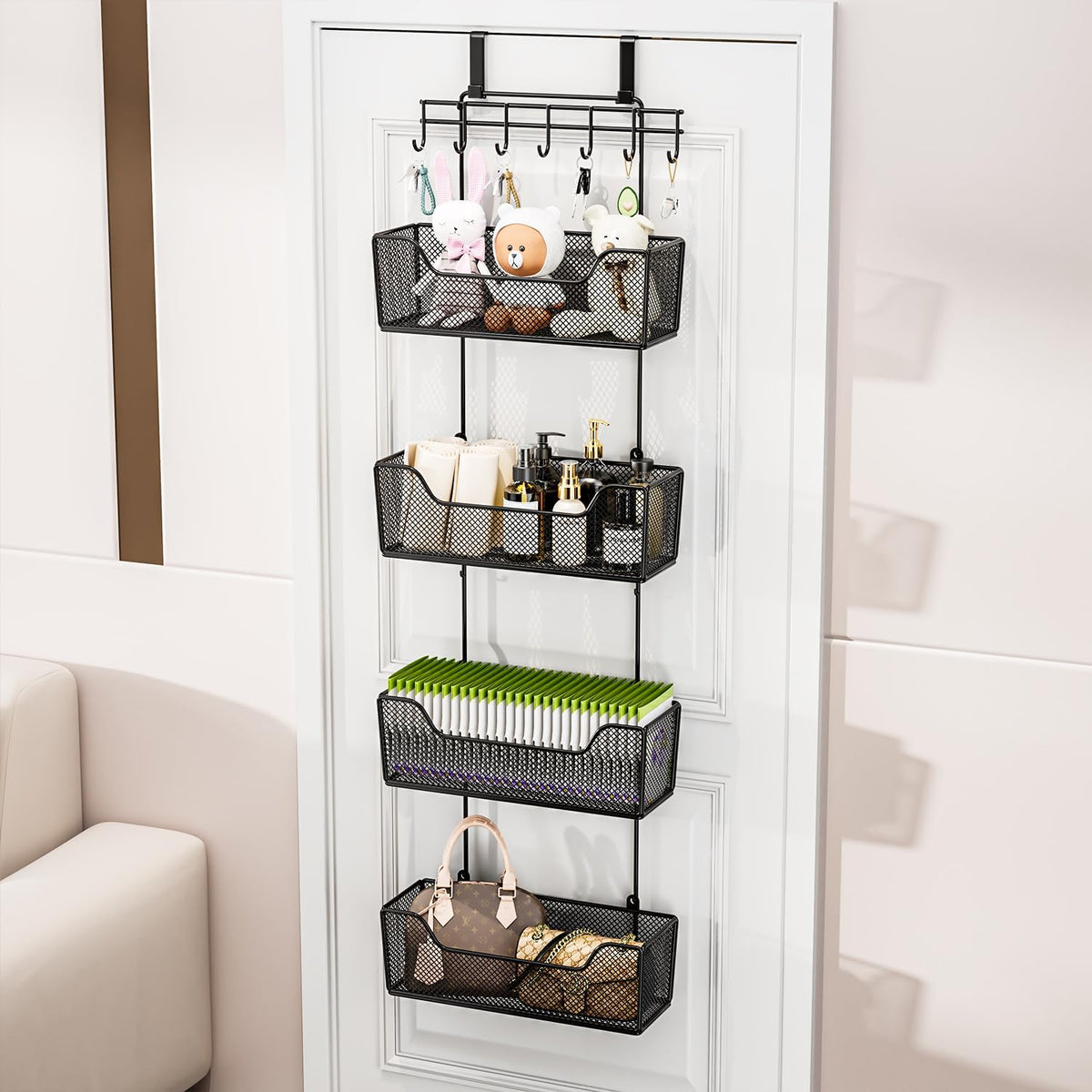 Over The Door Organizer - Hanging Door Organizer with 4 Metal Large Capacity Baskets and Adjustable Coat Hook for Bathroom Bedroom Kitchen Pantry Closet Cabinet