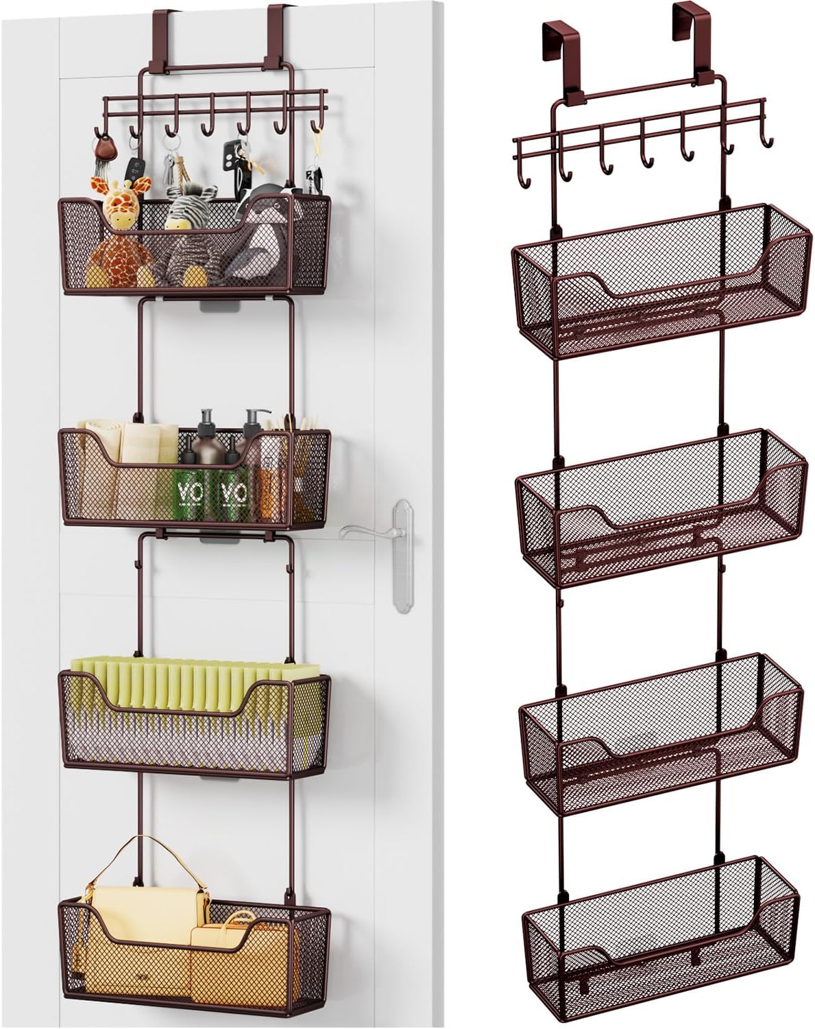 Over The Door Organizer - Hanging Door Organizer with 4 Metal Large Capacity Baskets and Adjustable Coat Hook for Bathroom Bedroom Kitchen Pantry Closet Cabinet