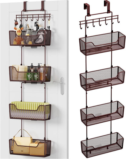 Over The Door Organizer - Hanging Door Organizer with 4 Metal Large Capacity Baskets and Adjustable Coat Hook for Bathroom Bedroom Kitchen Pantry Closet Cabinet