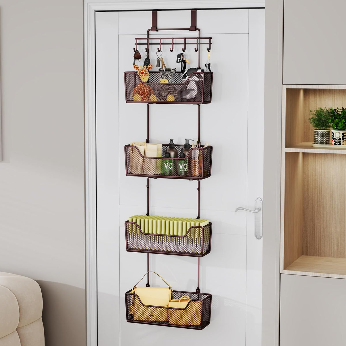 Over The Door Organizer - Hanging Door Organizer with 4 Metal Large Capacity Baskets and Adjustable Coat Hook for Bathroom Bedroom Kitchen Pantry Closet Cabinet