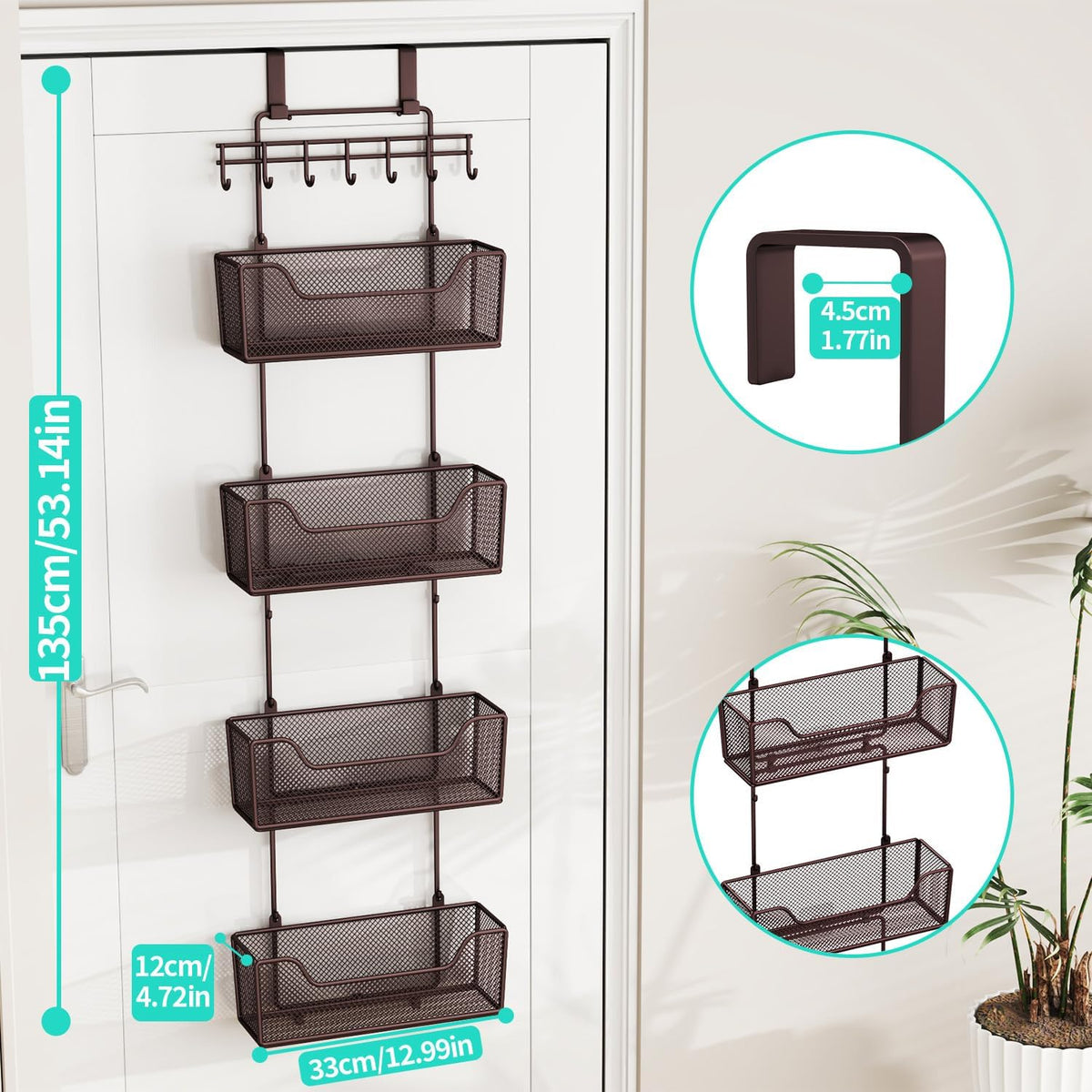 Over The Door Organizer - Hanging Door Organizer with 4 Metal Large Capacity Baskets and Adjustable Coat Hook for Bathroom Bedroom Kitchen Pantry Closet Cabinet