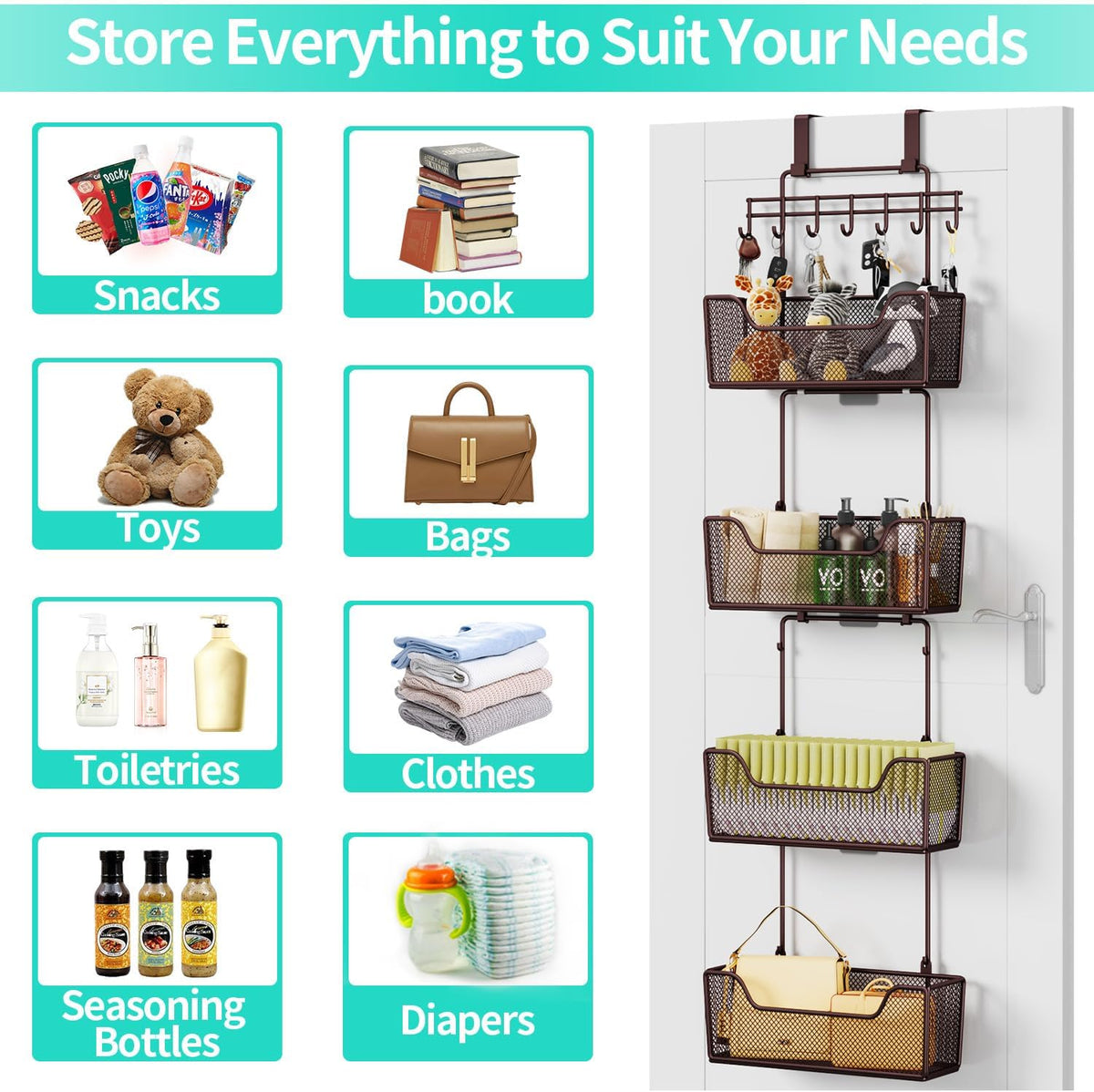 Over The Door Organizer - Hanging Door Organizer with 4 Metal Large Capacity Baskets and Adjustable Coat Hook for Bathroom Bedroom Kitchen Pantry Closet Cabinet
