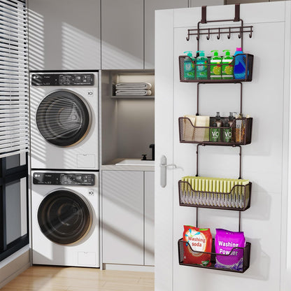 Over The Door Organizer - Hanging Door Organizer with 4 Metal Large Capacity Baskets and Adjustable Coat Hook for Bathroom Bedroom Kitchen Pantry Closet Cabinet