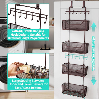Over The Door Organizer - Hanging Door Organizer with 4 Metal Large Capacity Baskets and Adjustable Coat Hook for Bathroom Bedroom Kitchen Pantry Closet Cabinet