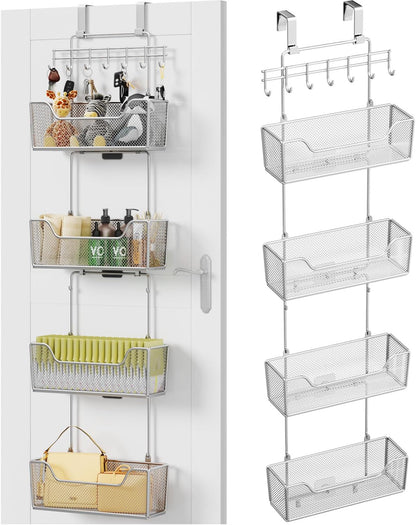 Over The Door Organizer - Hanging Door Organizer with 4 Metal Large Capacity Baskets and Adjustable Coat Hook for Bathroom Bedroom Kitchen Pantry Closet Cabinet
