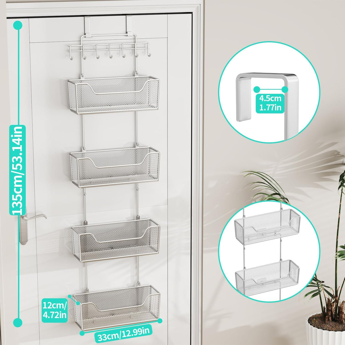 Over The Door Organizer - Hanging Door Organizer with 4 Metal Large Capacity Baskets and Adjustable Coat Hook for Bathroom Bedroom Kitchen Pantry Closet Cabinet