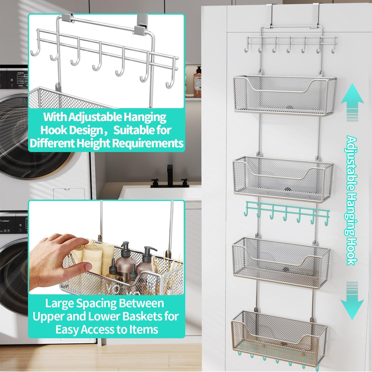 Over The Door Organizer - Hanging Door Organizer with 4 Metal Large Capacity Baskets and Adjustable Coat Hook for Bathroom Bedroom Kitchen Pantry Closet Cabinet