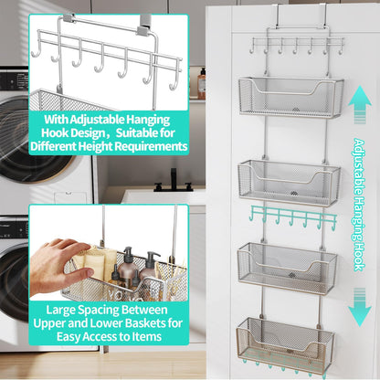 Over The Door Organizer - Hanging Door Organizer with 4 Metal Large Capacity Baskets and Adjustable Coat Hook for Bathroom Bedroom Kitchen Pantry Closet Cabinet