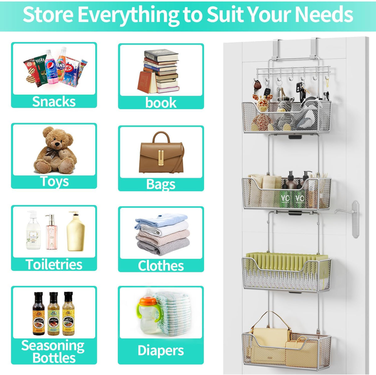 Over The Door Organizer - Hanging Door Organizer with 4 Metal Large Capacity Baskets and Adjustable Coat Hook for Bathroom Bedroom Kitchen Pantry Closet Cabinet