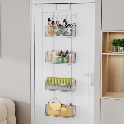 Over The Door Organizer - Hanging Door Organizer with 4 Metal Large Capacity Baskets and Adjustable Coat Hook for Bathroom Bedroom Kitchen Pantry Closet Cabinet