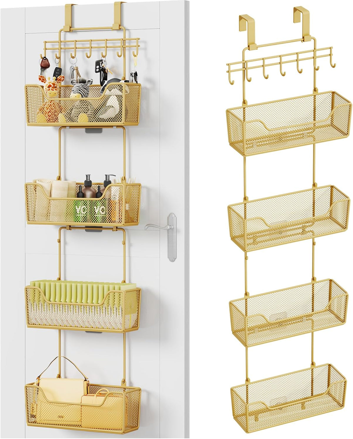 Over The Door Organizer - Hanging Door Organizer with 4 Metal Large Capacity Baskets and Adjustable Coat Hook for Bathroom Bedroom Kitchen Pantry Closet Cabinet
