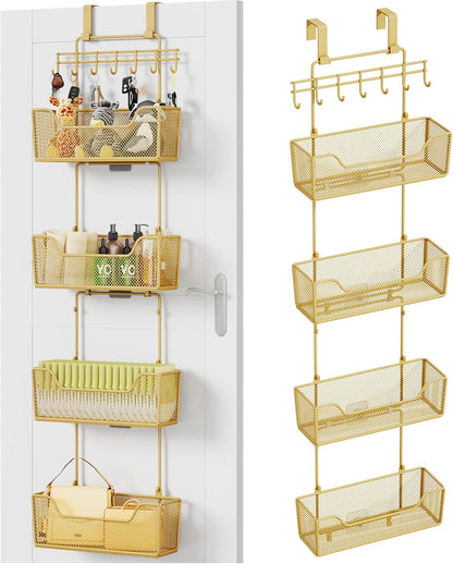 Over The Door Organizer - Hanging Door Organizer with 4 Metal Large Capacity Baskets and Adjustable Coat Hook for Bathroom Bedroom Kitchen Pantry Closet Cabinet