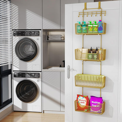 Over The Door Organizer - Hanging Door Organizer with 4 Metal Large Capacity Baskets and Adjustable Coat Hook for Bathroom Bedroom Kitchen Pantry Closet Cabinet