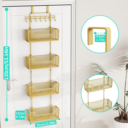 Over The Door Organizer - Hanging Door Organizer with 4 Metal Large Capacity Baskets and Adjustable Coat Hook for Bathroom Bedroom Kitchen Pantry Closet Cabinet