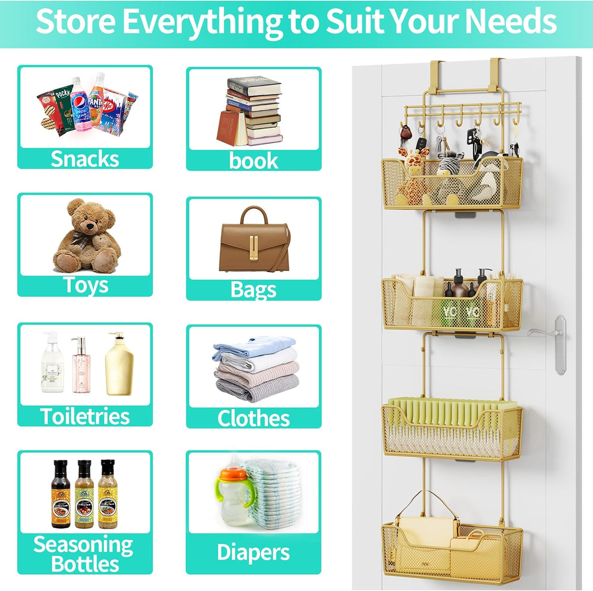 Over The Door Organizer - Hanging Door Organizer with 4 Metal Large Capacity Baskets and Adjustable Coat Hook for Bathroom Bedroom Kitchen Pantry Closet Cabinet