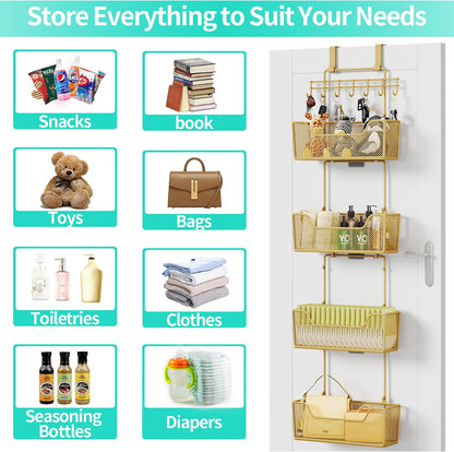 Over The Door Organizer - Hanging Door Organizer with 4 Metal Large Capacity Baskets and Adjustable Coat Hook for Bathroom Bedroom Kitchen Pantry Closet Cabinet