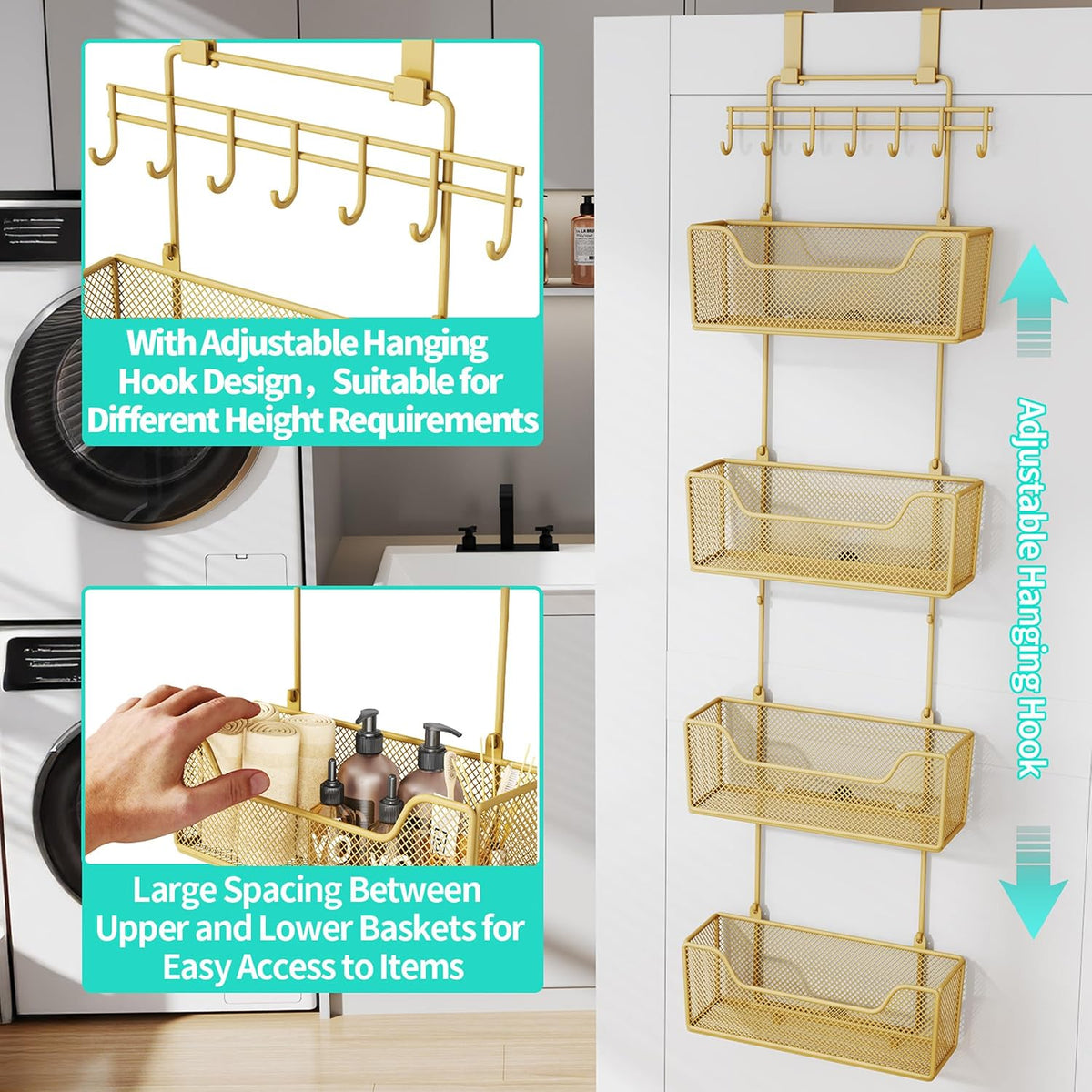 Over The Door Organizer - Hanging Door Organizer with 4 Metal Large Capacity Baskets and Adjustable Coat Hook for Bathroom Bedroom Kitchen Pantry Closet Cabinet