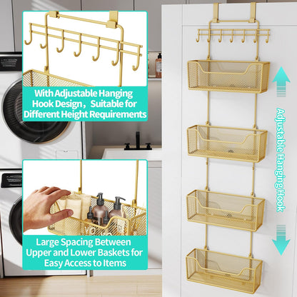 Over The Door Organizer - Hanging Door Organizer with 4 Metal Large Capacity Baskets and Adjustable Coat Hook for Bathroom Bedroom Kitchen Pantry Closet Cabinet