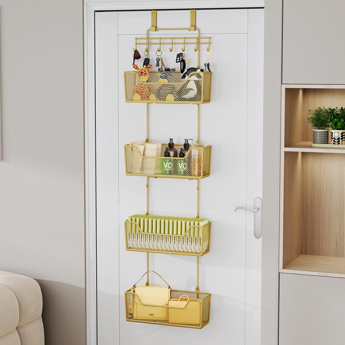 Over The Door Organizer - Hanging Door Organizer with 4 Metal Large Capacity Baskets and Adjustable Coat Hook for Bathroom Bedroom Kitchen Pantry Closet Cabinet