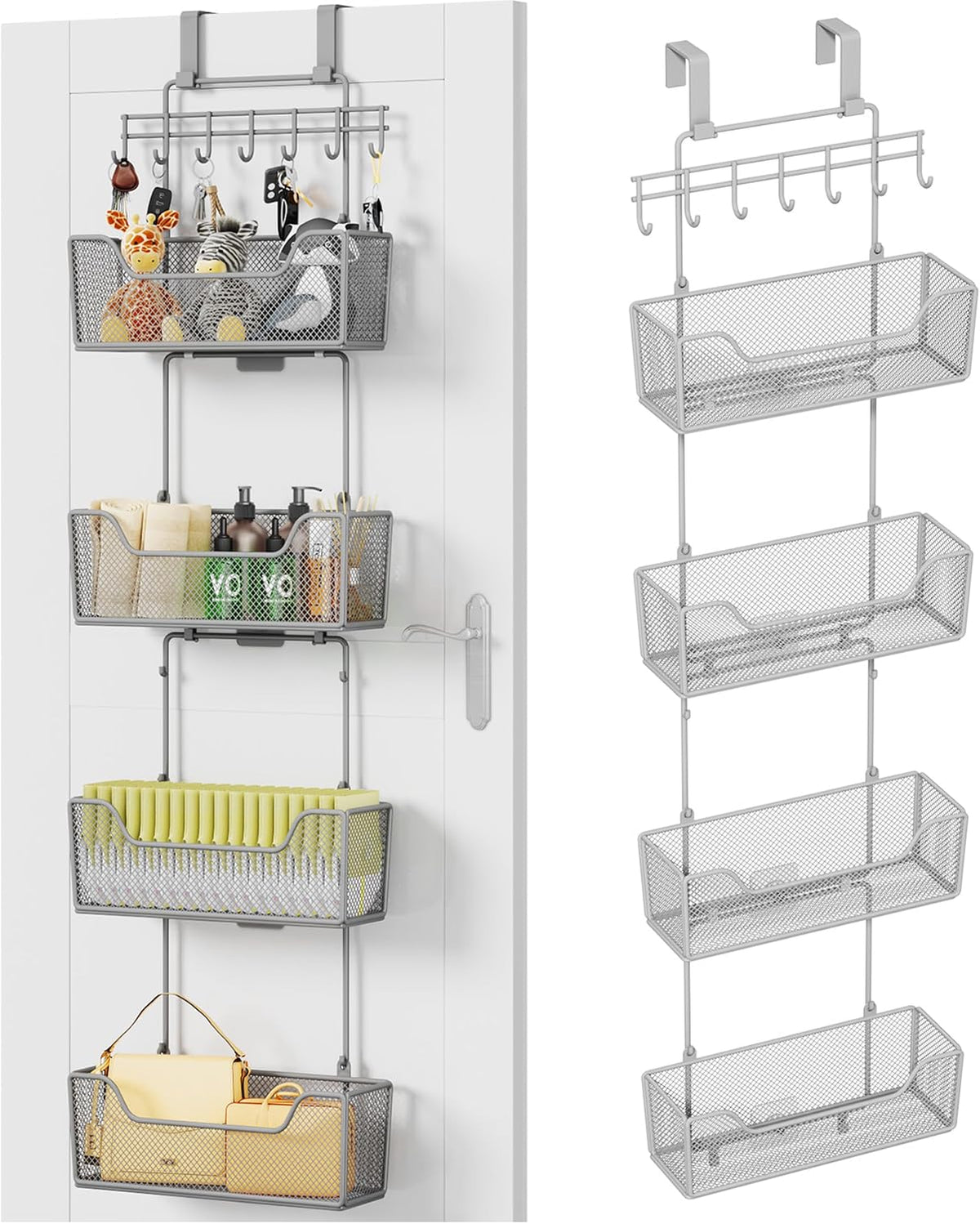 Over The Door Organizer - Hanging Door Organizer with 4 Metal Large Capacity Baskets and Adjustable Coat Hook for Bathroom Bedroom Kitchen Pantry Closet Cabinet