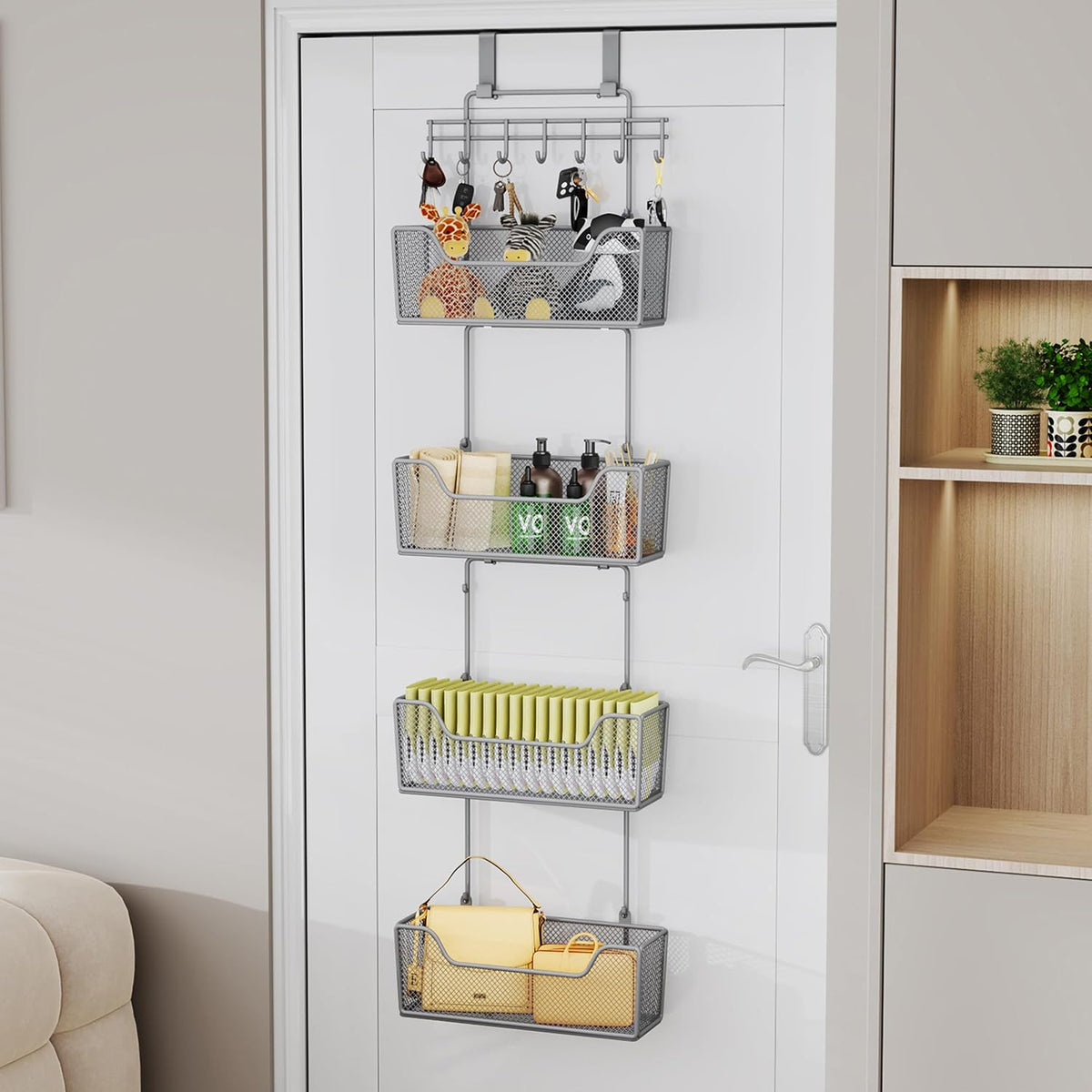 Over The Door Organizer - Hanging Door Organizer with 4 Metal Large Capacity Baskets and Adjustable Coat Hook for Bathroom Bedroom Kitchen Pantry Closet Cabinet