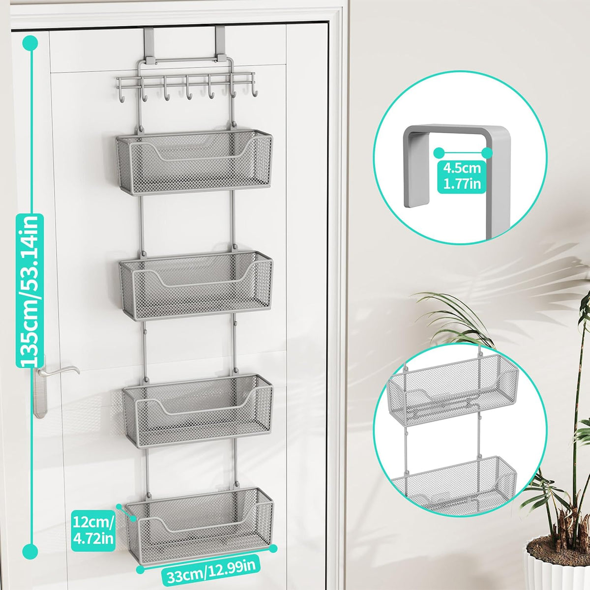 Over The Door Organizer - Hanging Door Organizer with 4 Metal Large Capacity Baskets and Adjustable Coat Hook for Bathroom Bedroom Kitchen Pantry Closet Cabinet