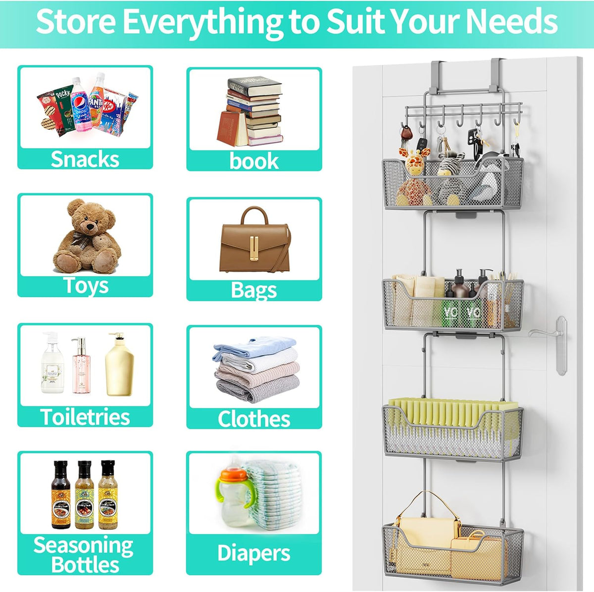 Over The Door Organizer - Hanging Door Organizer with 4 Metal Large Capacity Baskets and Adjustable Coat Hook for Bathroom Bedroom Kitchen Pantry Closet Cabinet