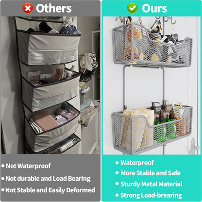 Over The Door Organizer - Hanging Door Organizer with 4 Metal Large Capacity Baskets and Adjustable Coat Hook for Bathroom Bedroom Kitchen Pantry Closet Cabinet