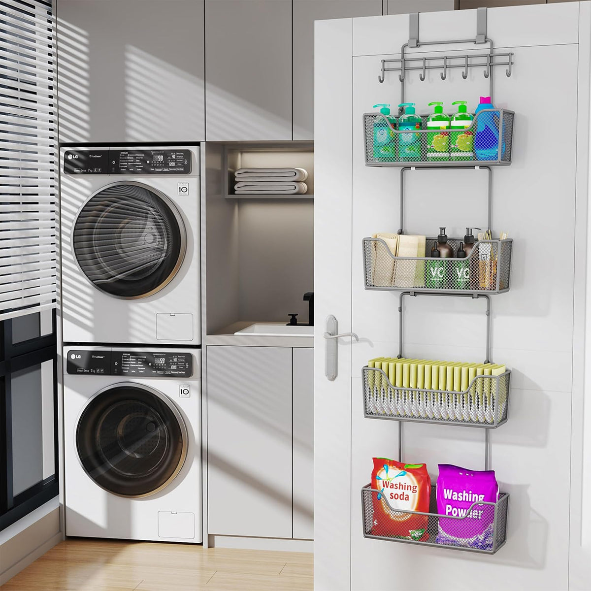 Over The Door Organizer - Hanging Door Organizer with 4 Metal Large Capacity Baskets and Adjustable Coat Hook for Bathroom Bedroom Kitchen Pantry Closet Cabinet