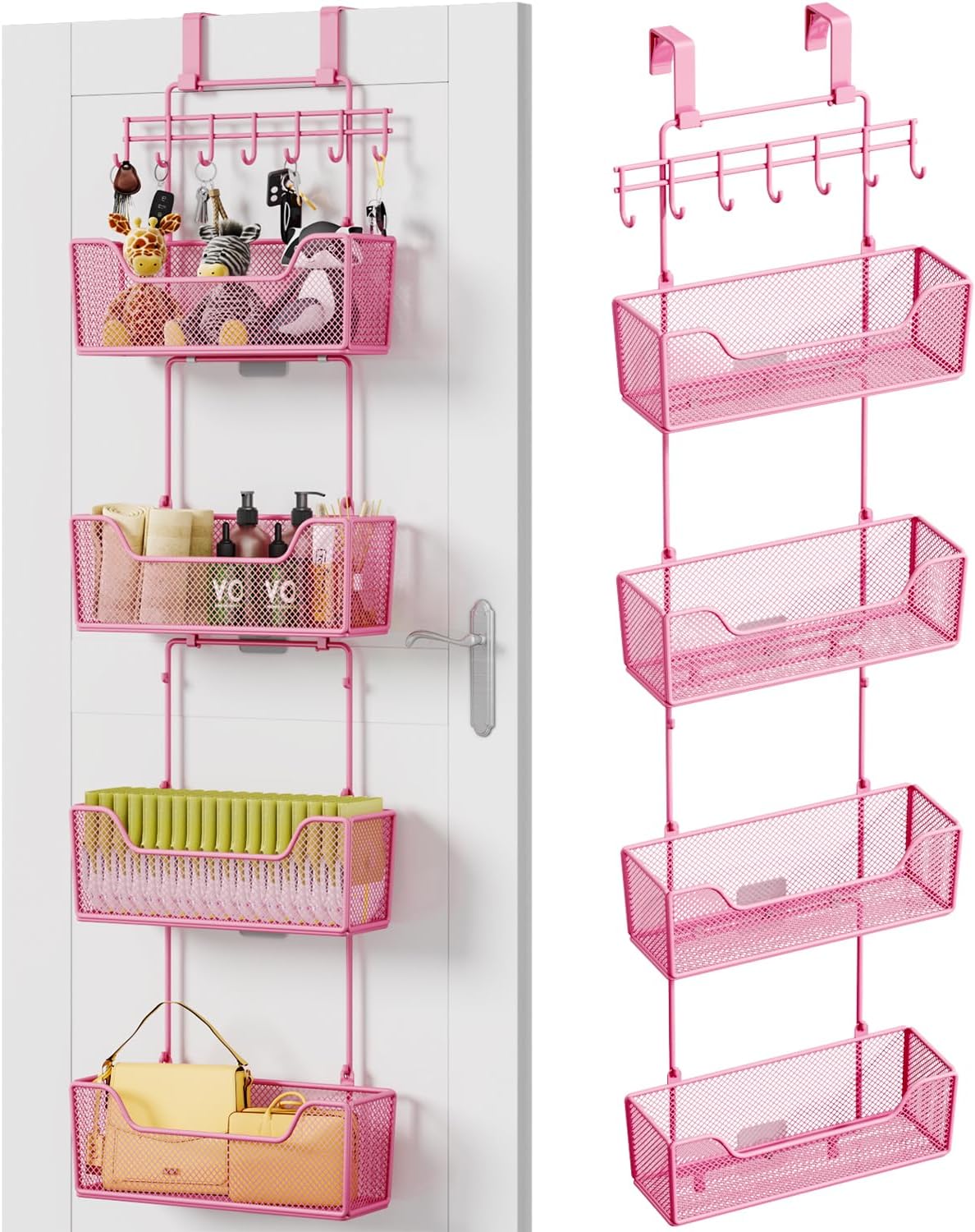 Over The Door Organizer - Hanging Door Organizer with 4 Metal Large Capacity Baskets and Adjustable Coat Hook for Bathroom Bedroom Kitchen Pantry Closet Cabinet