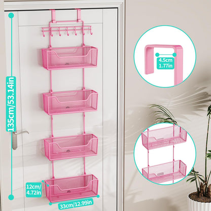 Over The Door Organizer - Hanging Door Organizer with 4 Metal Large Capacity Baskets and Adjustable Coat Hook for Bathroom Bedroom Kitchen Pantry Closet Cabinet