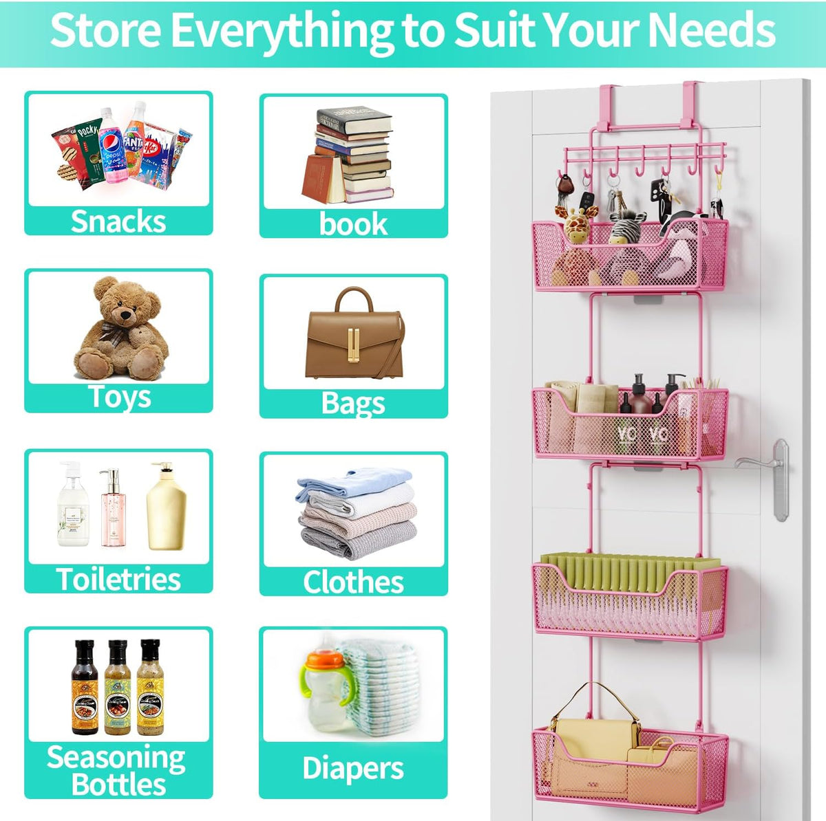 Over The Door Organizer - Hanging Door Organizer with 4 Metal Large Capacity Baskets and Adjustable Coat Hook for Bathroom Bedroom Kitchen Pantry Closet Cabinet