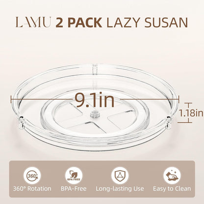 LAMU Lazy Susan Organizer, 9'' Clear Lazy Susan Turntable for Cabinet, Fridge, Kitchen, Pantry, Countertop, Table Top, Refrigerator Organizers and Storage, Seasoning and Spice Organizer