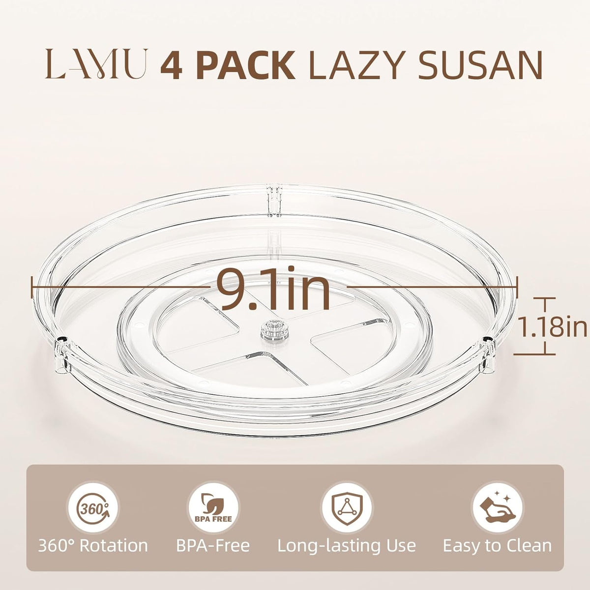 LAMU Lazy Susan Organizer, 9'' Clear Lazy Susan Turntable for Cabinet, Fridge, Kitchen, Pantry, Countertop, Table Top, Refrigerator Organizers and Storage, Seasoning and Spice Organizer