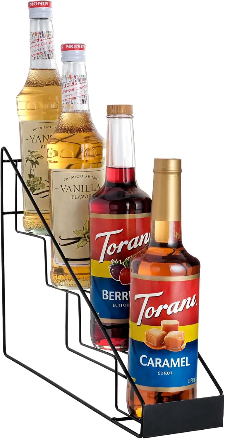 Coffee Syrup Rack for Coffee Bar Accessories, Coffee Syrup Holder Fits with Torani and Monin Syrup, Coffee Bar Organizer Holds 4 Bottles