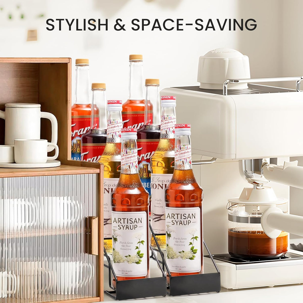 Coffee Syrup Rack for Coffee Bar Accessories, Coffee Syrup Holder Fits with Torani and Monin Syrup, Coffee Bar Organizer Holds 4 Bottles
