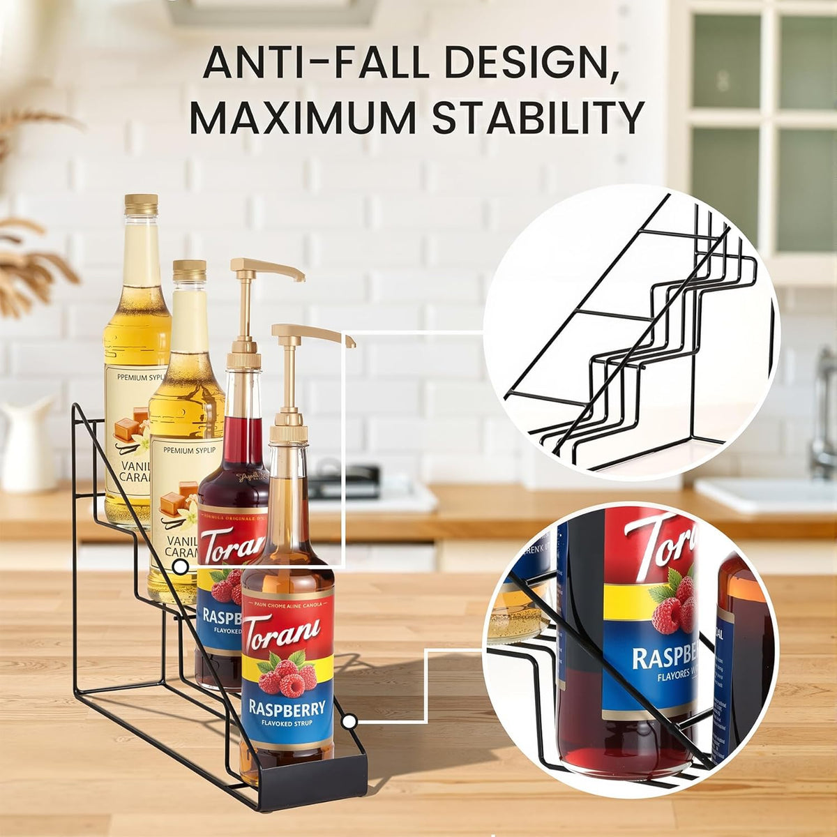 Coffee Syrup Rack for Coffee Bar Accessories, Coffee Syrup Holder Fits with Torani and Monin Syrup, Coffee Bar Organizer Holds 4 Bottles