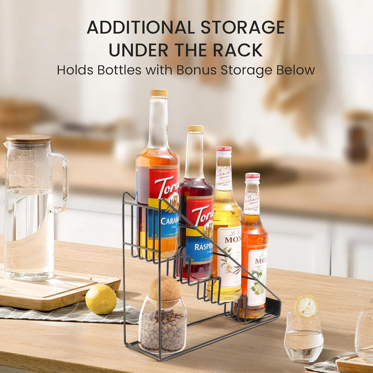 Coffee Syrup Rack for Coffee Bar Accessories, Coffee Syrup Holder Fits with Torani and Monin Syrup, Coffee Bar Organizer Holds 4 Bottles