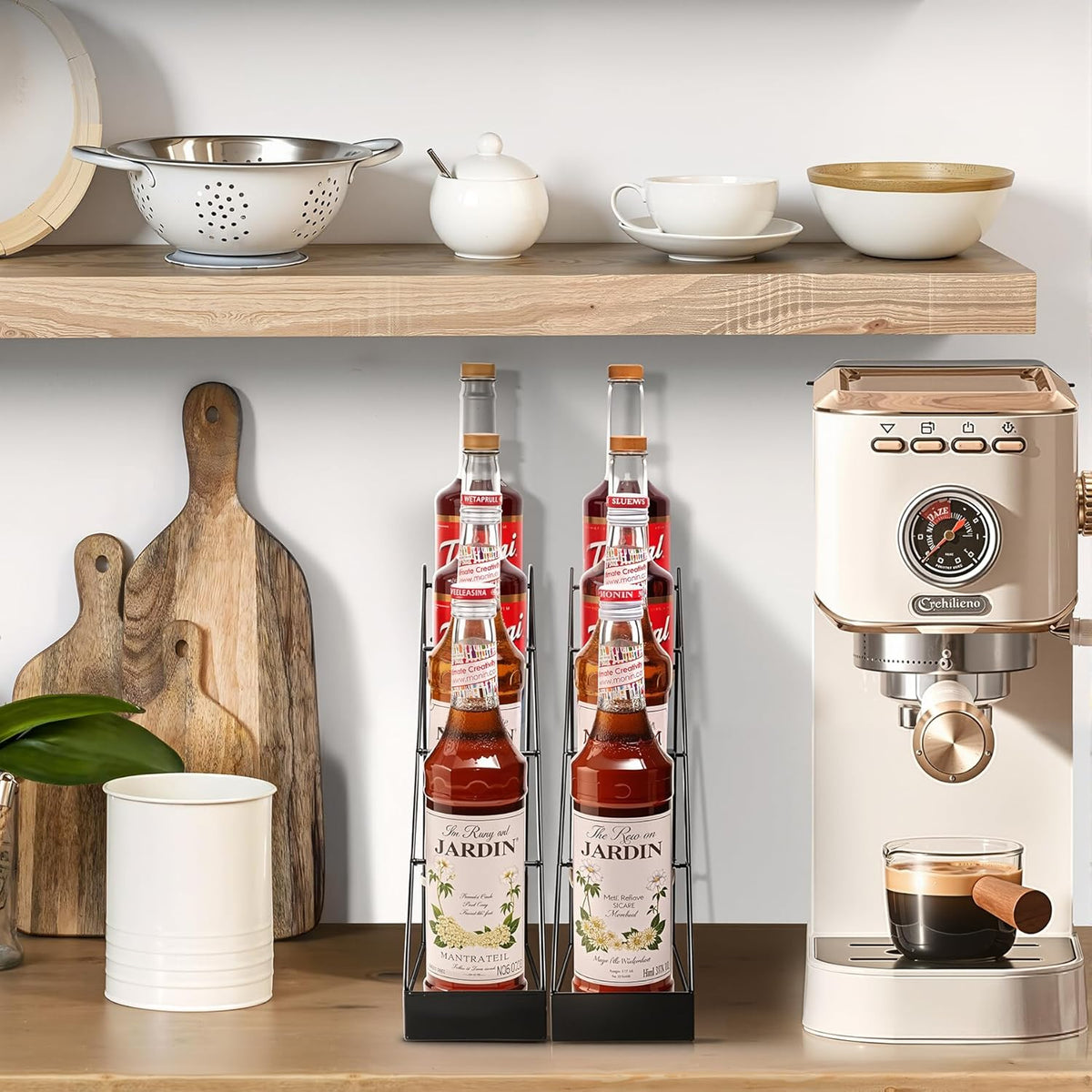 Coffee Syrup Rack for Coffee Bar Accessories, Coffee Syrup Holder Fits with Torani and Monin Syrup, Coffee Bar Organizer Holds 4 Bottles