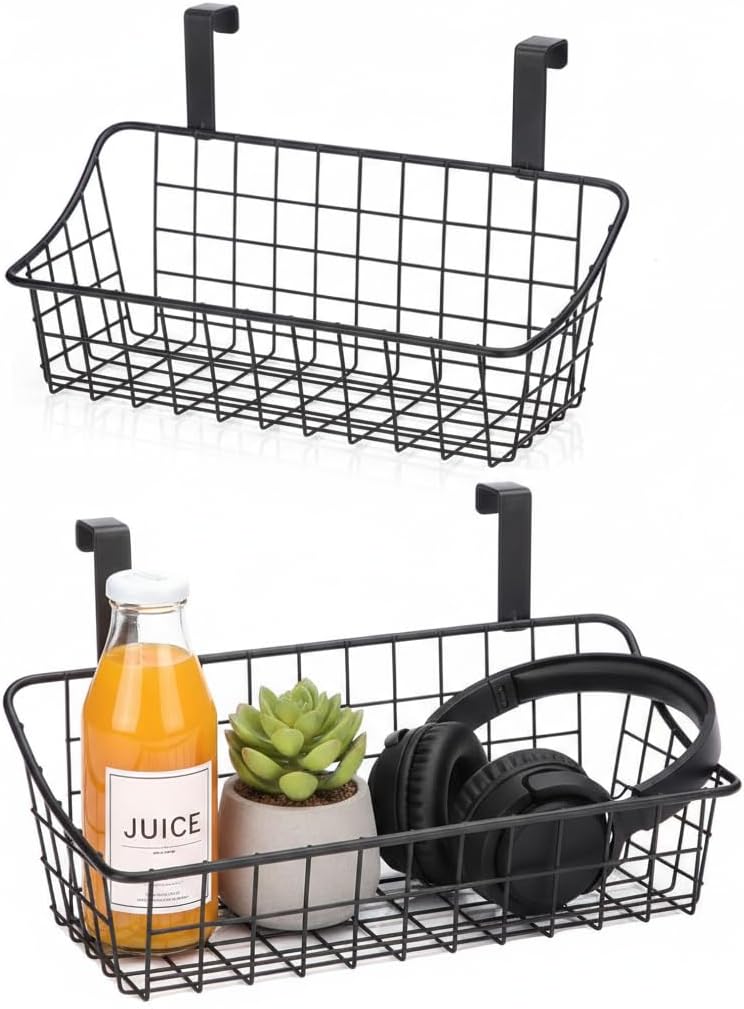 LeleCAT Over Cabinet Door Basket with hook Grid Storage Basket, Kitchen Storage Organizer,Over Cabinet Door Organizer,Hanging it behind a door or on a railing, Small, BLack