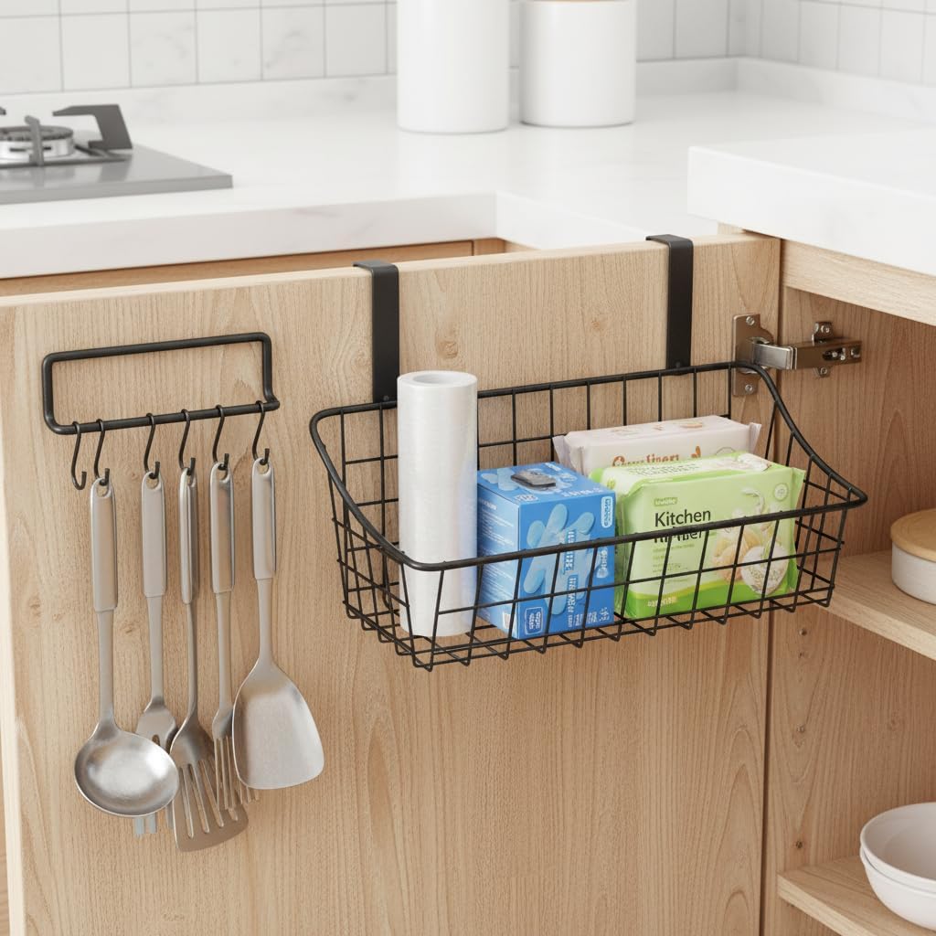 LeleCAT Over Cabinet Door Basket with hook Grid Storage Basket, Kitchen Storage Organizer,Over Cabinet Door Organizer,Hanging it behind a door or on a railing, Small, BLack